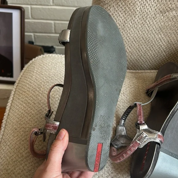 PRADA Metallic & Velvet Wedge Sandals - Picture 9 of 10